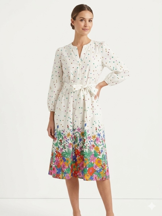 Talbots Dresses & Skirts - 100% Cotton Talbots Ivory Midi Dress with Multicolor Floral Border